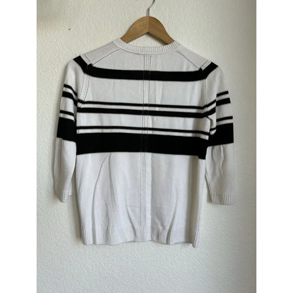 St. John Striped‎ Button Cardigan Sweater White/Black Size S (P) Cashmere Blend